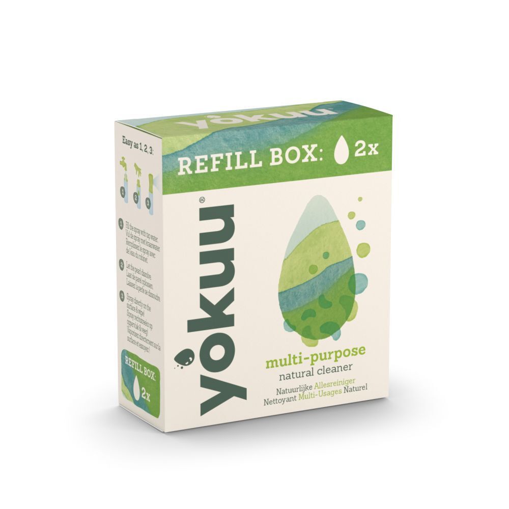 Boîte de recharge Yokuu. Nettoyant multi-usages. Emballage vert et blanc avec logo et goutte. Contient 2 recharges.