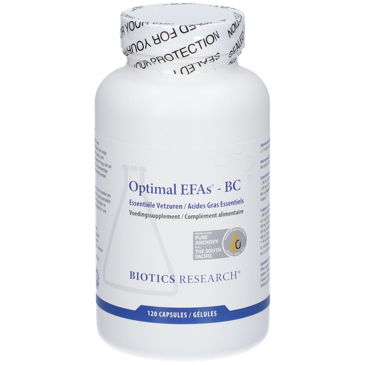 Flacon blanc avec 'Optimal EFAs - BC' et 'Biotics Research'. Contient 120 capsules. Sceau sur le couvercle.