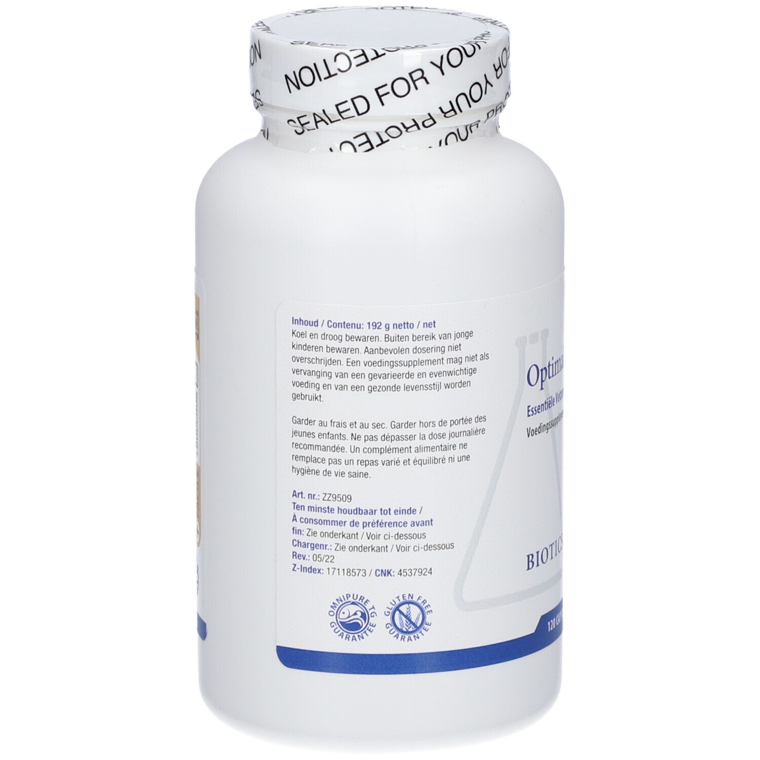 Dos du flacon blanc. Contient des informations sur les ingrédients et le stockage. Sceau sans gluten.