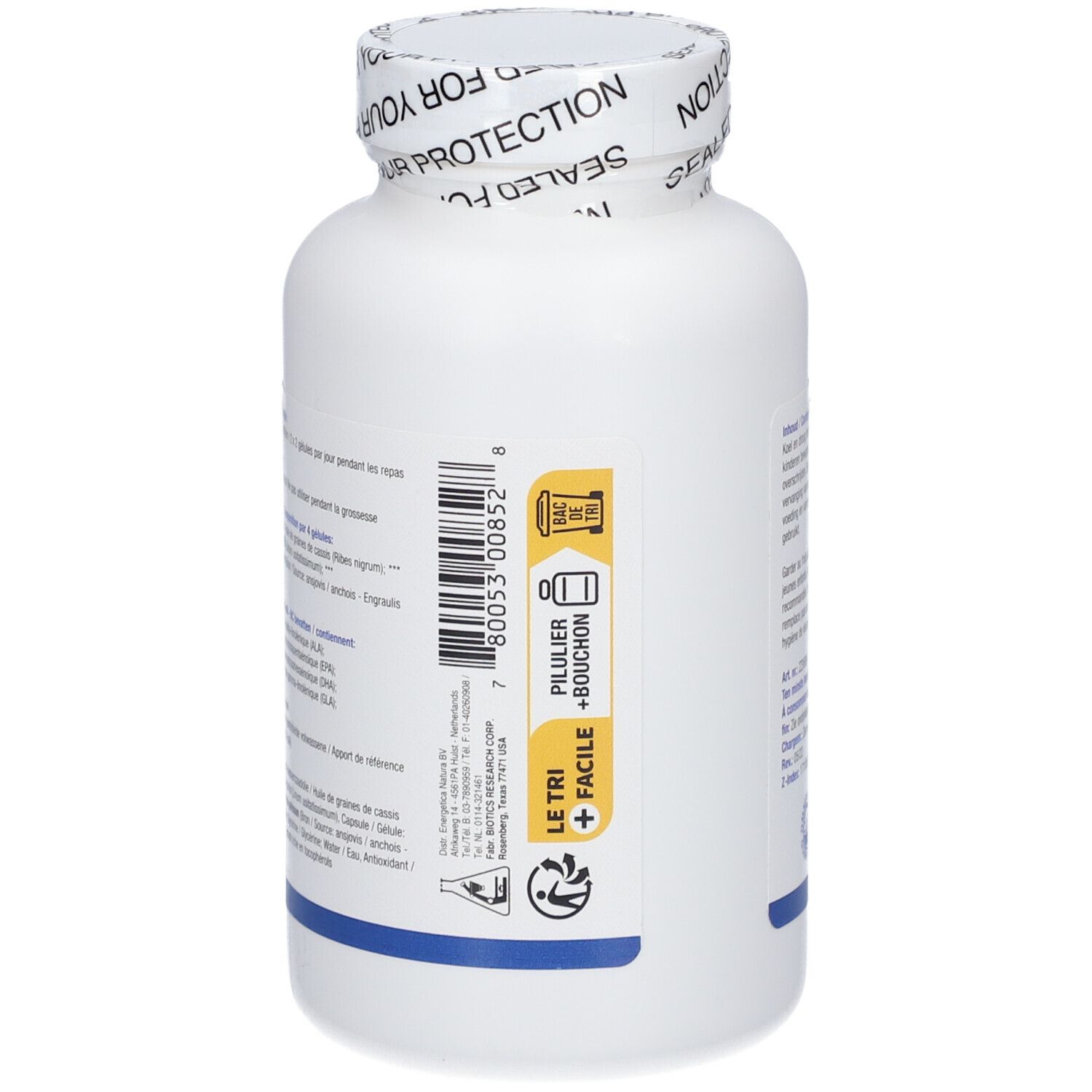 Dos du flacon avec code-barres et symboles de recyclage. Symboles 'Pillier + Bouchon' et 'Le Tri'.