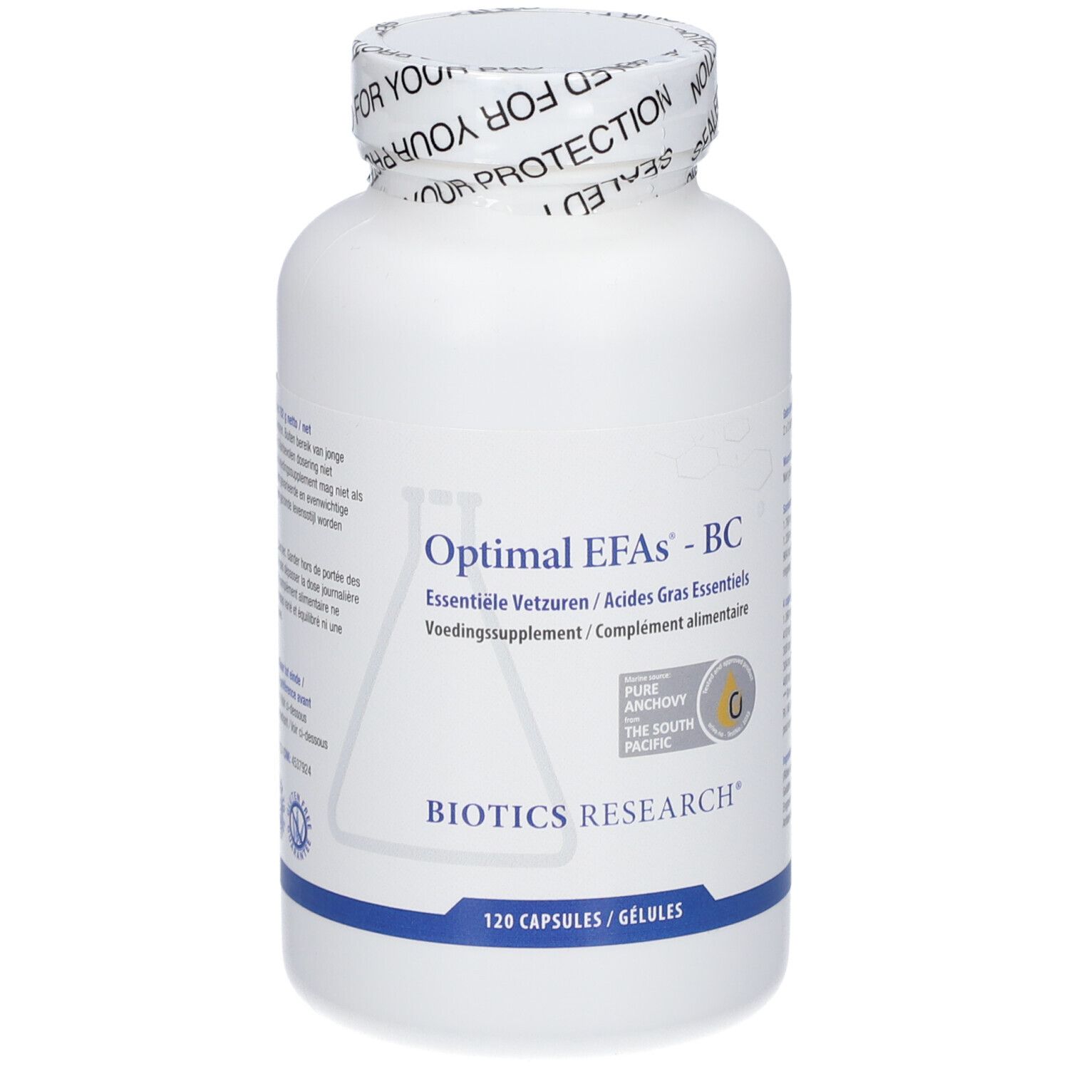 Flacon blanc avec 'Optimal EFAs - BC' et 'Biotics Research'. Contient 120 capsules. Sceau sur le couvercle.