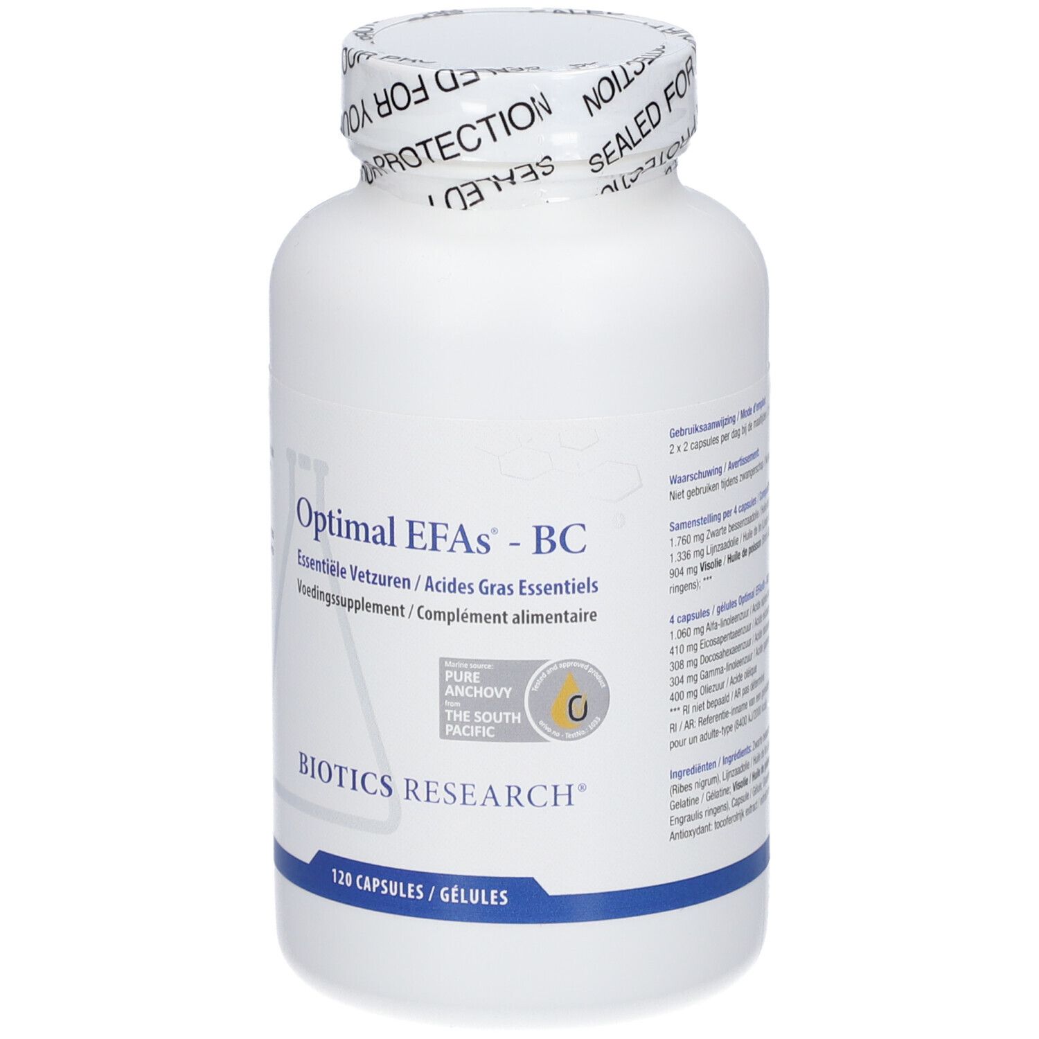 Flacon blanc avec 'Optimal EFAs - BC' et 'Biotics Research'. Contient 120 capsules. Sceau sur le couvercle.