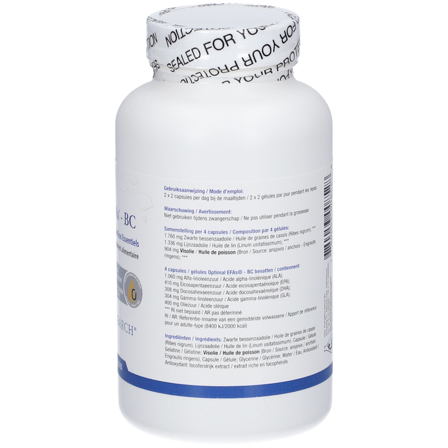 Dos du flacon avec informations sur les ingrédients et le dosage. Logo 'Biotics Research'.