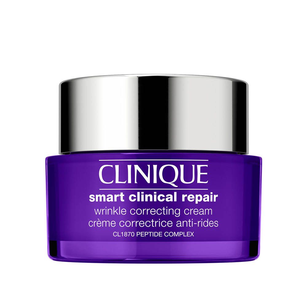 Pot CLINIQUE Smart Clinical Repair avec couvercle argenté et base violette.