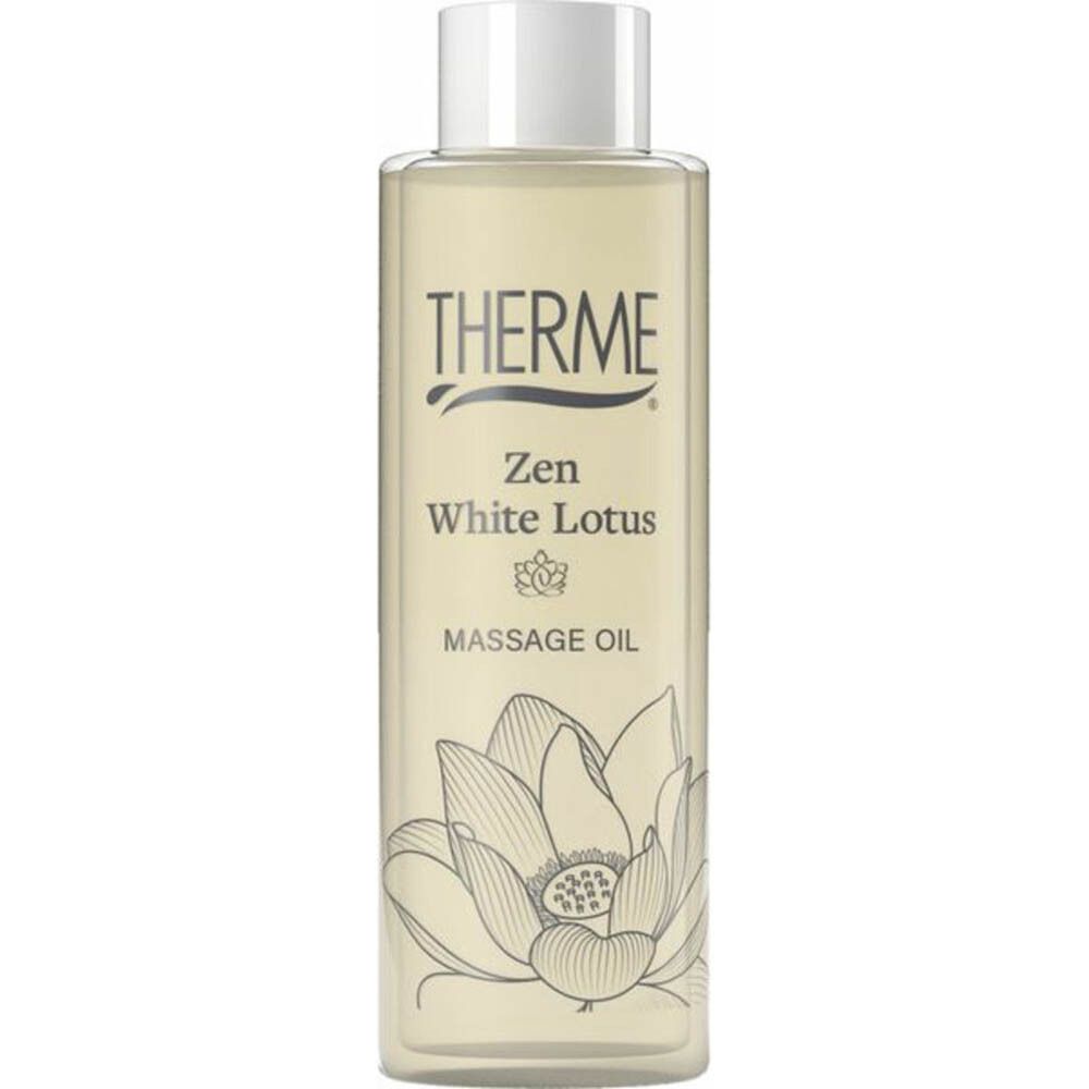 THERME Zen White Lotus Massageöl. Flacon avec bouchon à vis. Logo, nom du produit et fleur de lotus.