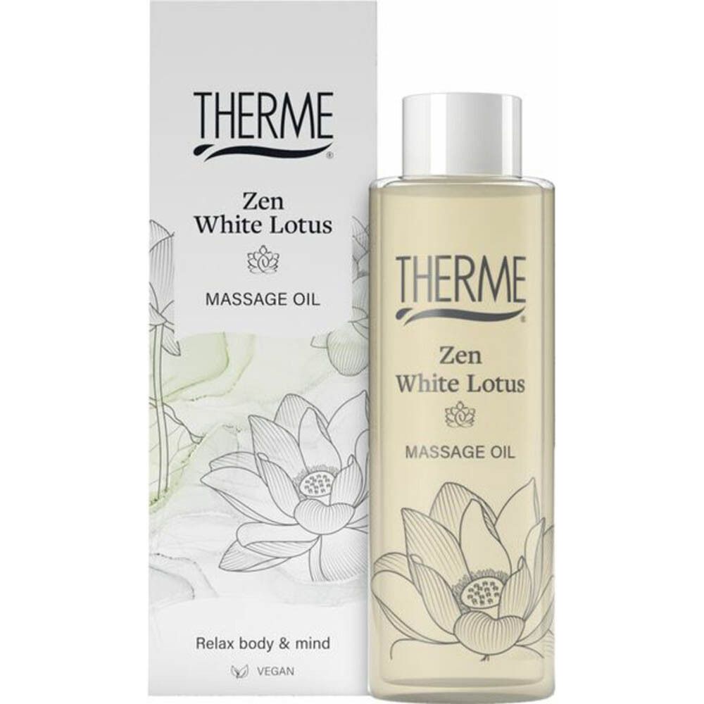 THERME Zen White Lotus Massageöl et emballage. Flacon avec bouchon à vis et boîte. Logo, nom du produit.
