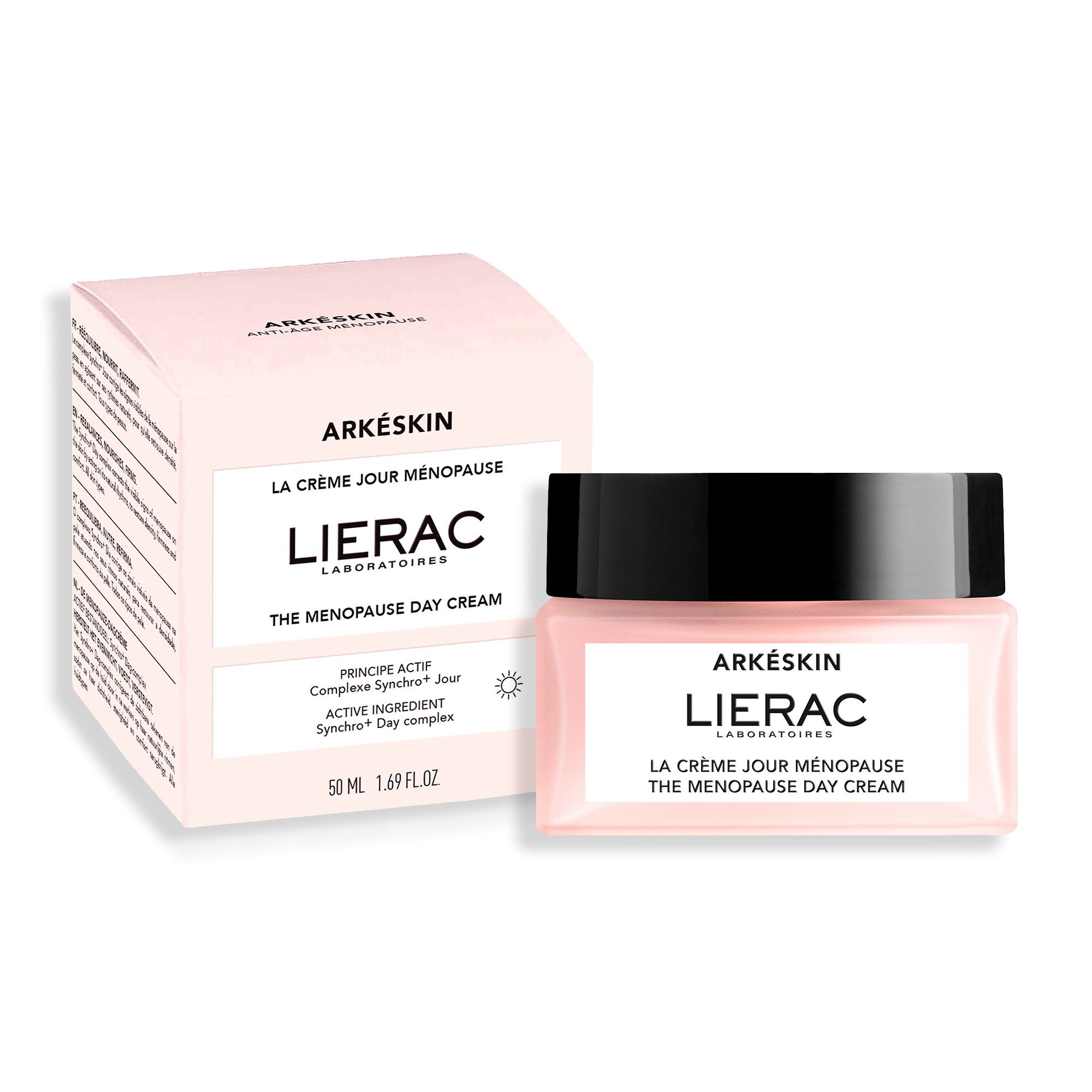 Emballage du produit avec pot de crème. Sur l'emballage : Arkéskin, LIERAC, La Crème Jour Ménopause, 50 ml.