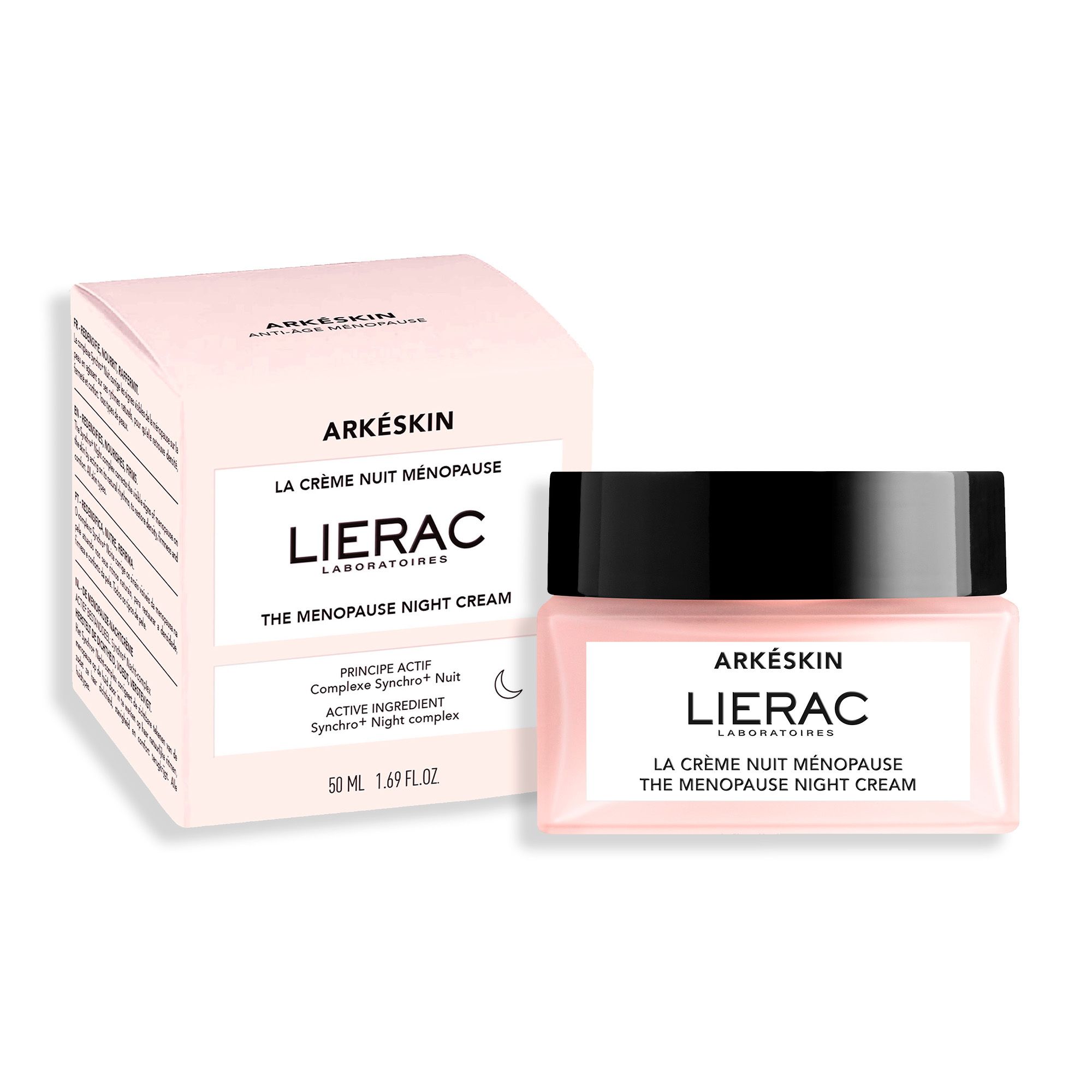 Emballage du produit et pot de crème. Sur l'emballage : Arkéskin, LIERAC, La Crème Nuit Ménopause. 50 ml.