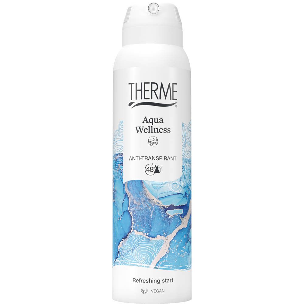 Spray déodorant blanc avec tête de pulvérisation. Inscription THERME Aqua Wellness, 48H Anti-Transpirant. Design bleu.