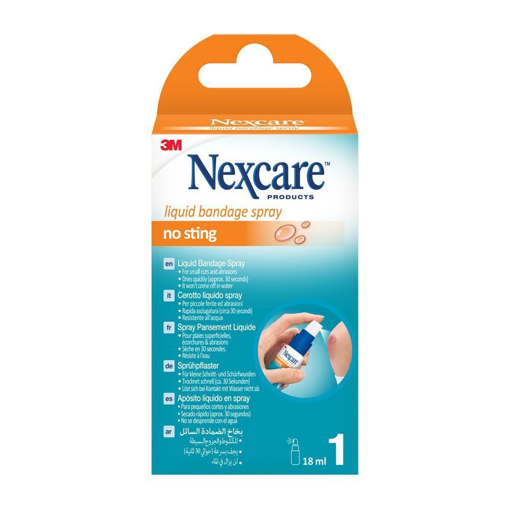 Emballage de Nexcare Spray Pansement Liquide. Nom et logo du produit clairement visibles. Texte en allemand, français, italien, néerlandais.