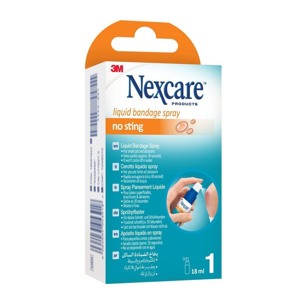 Emballage de Nexcare Spray Pansement Liquide. Nom et logo du produit clairement visibles. Texte en allemand, français, italien, néerlandais.