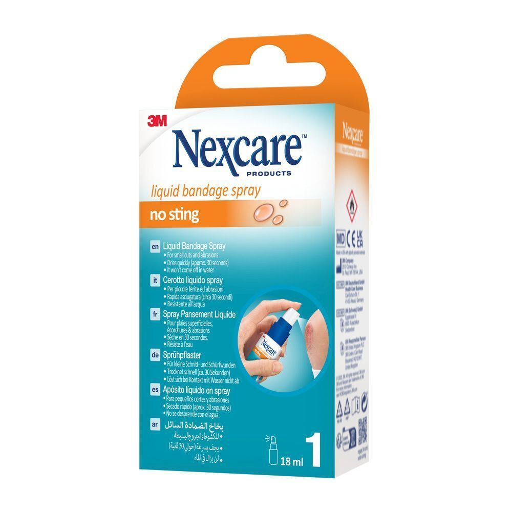 Emballage de Nexcare Spray Pansement Liquide. Nom et logo du produit clairement visibles. Texte en allemand, français, italien, néerlandais.