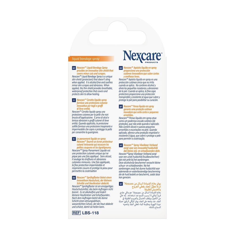 Emballage de Nexcare Spray Pansement Liquide. Nom et logo du produit clairement visibles. Texte en allemand, français, italien, néerlandais.