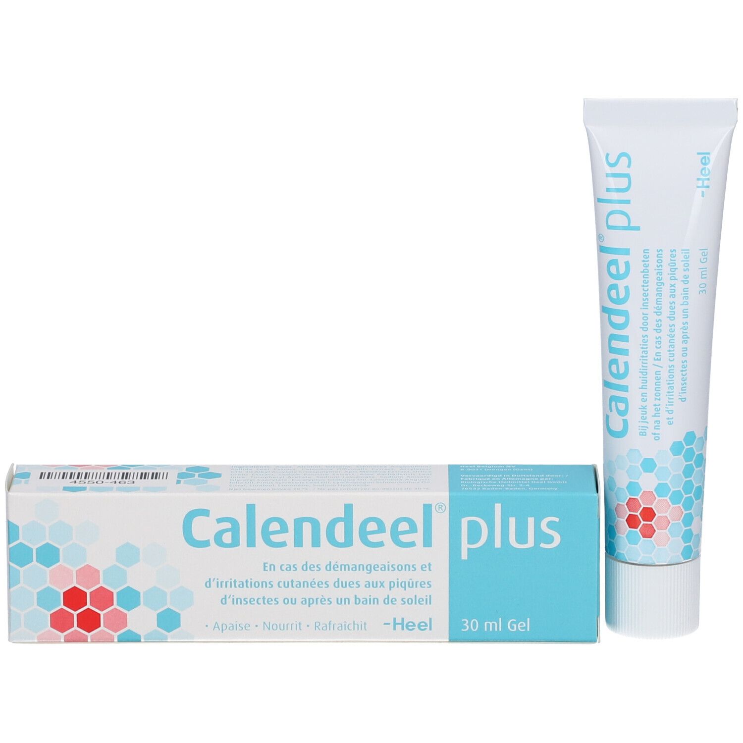 Gel Calendeel plus et emballage. Tube et boîte avec nom du produit, informations et logo.