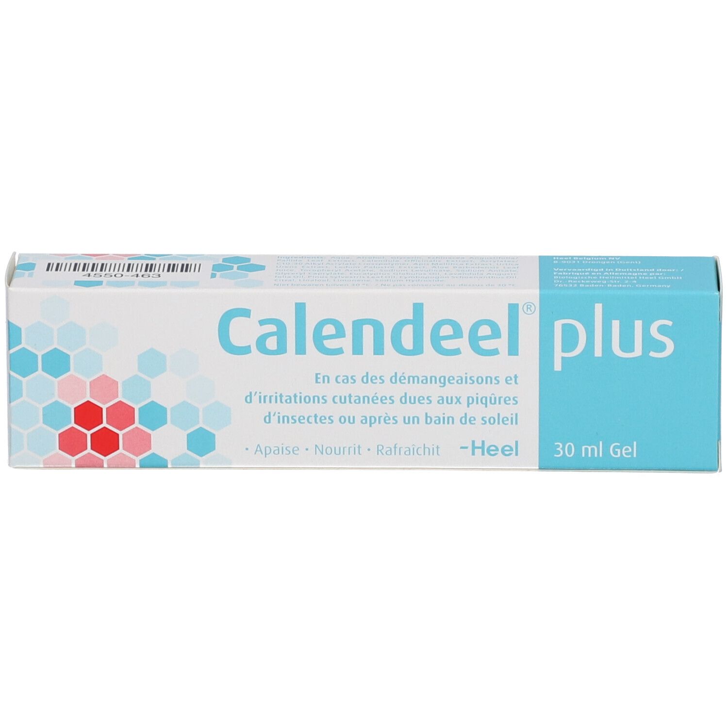 Emballage de Calendeel plus. Boîte bleue avec nom du produit, informations et logo.