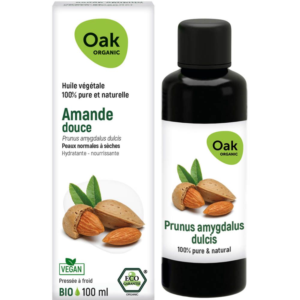 Flacon et boîte. Sur la boîte : Oak Organic, Huile végétale, Amande douce, 100% pur & naturelle, BIO 100 ml.