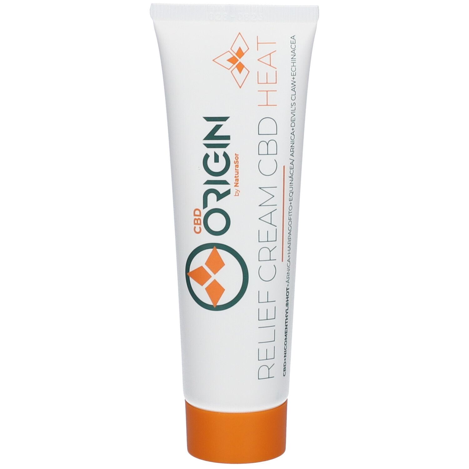 Tube blanche avec bouchon orange. Inscription: CBD Origin Relief Cream CBD Heat. Logo avec éléments orange.