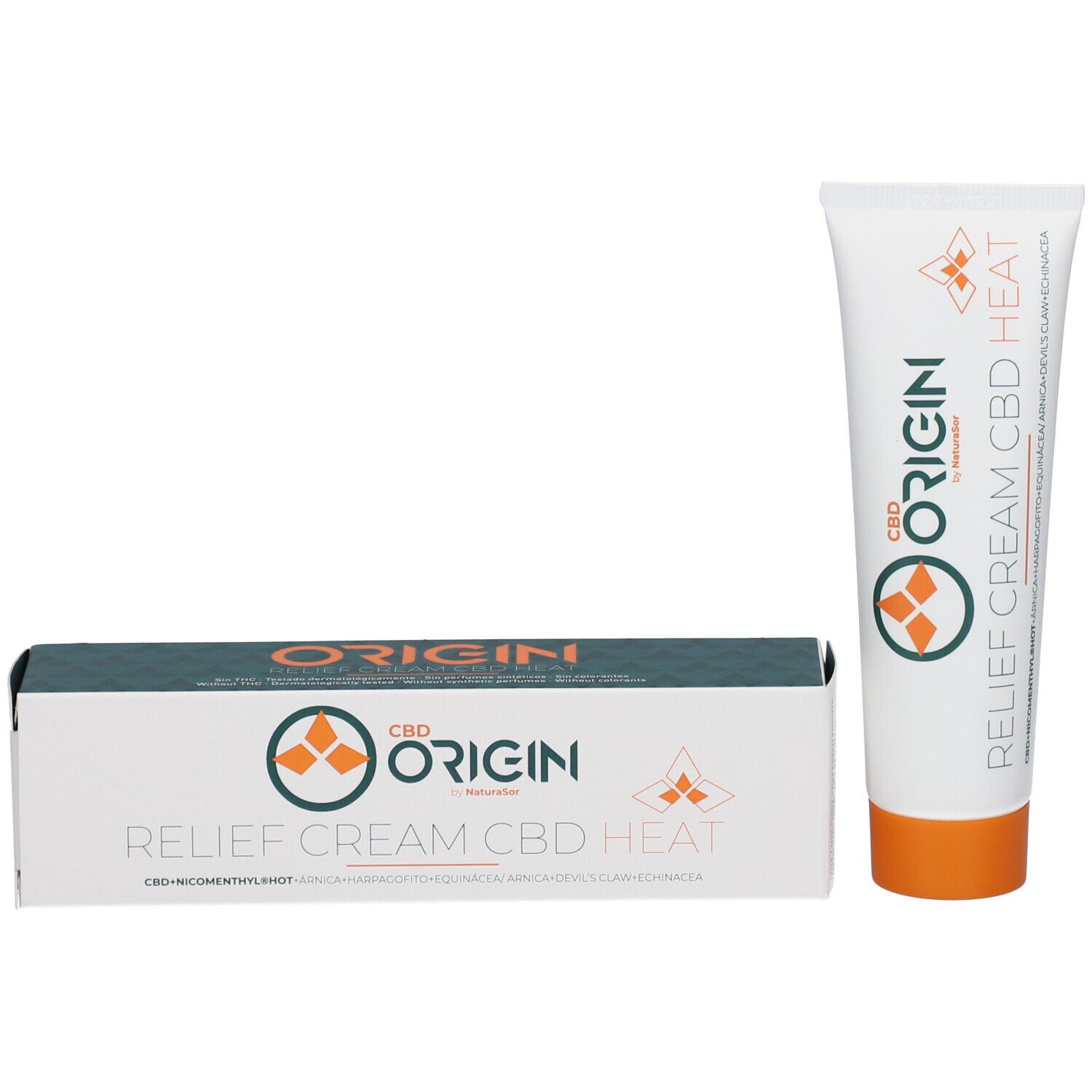 Tube et boîte. Inscription: CBD Origin Relief Cream CBD Heat. Logo avec éléments orange. Emballage vert et blanc.