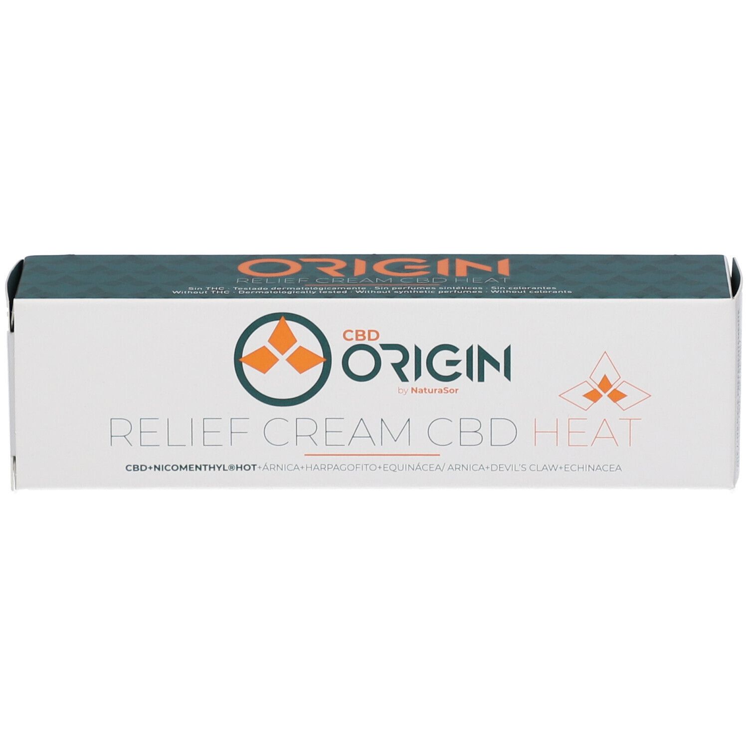 Boîte verte. Inscription: CBD Origin Relief Cream CBD Heat. Logo avec éléments orange. Écriture blanche.