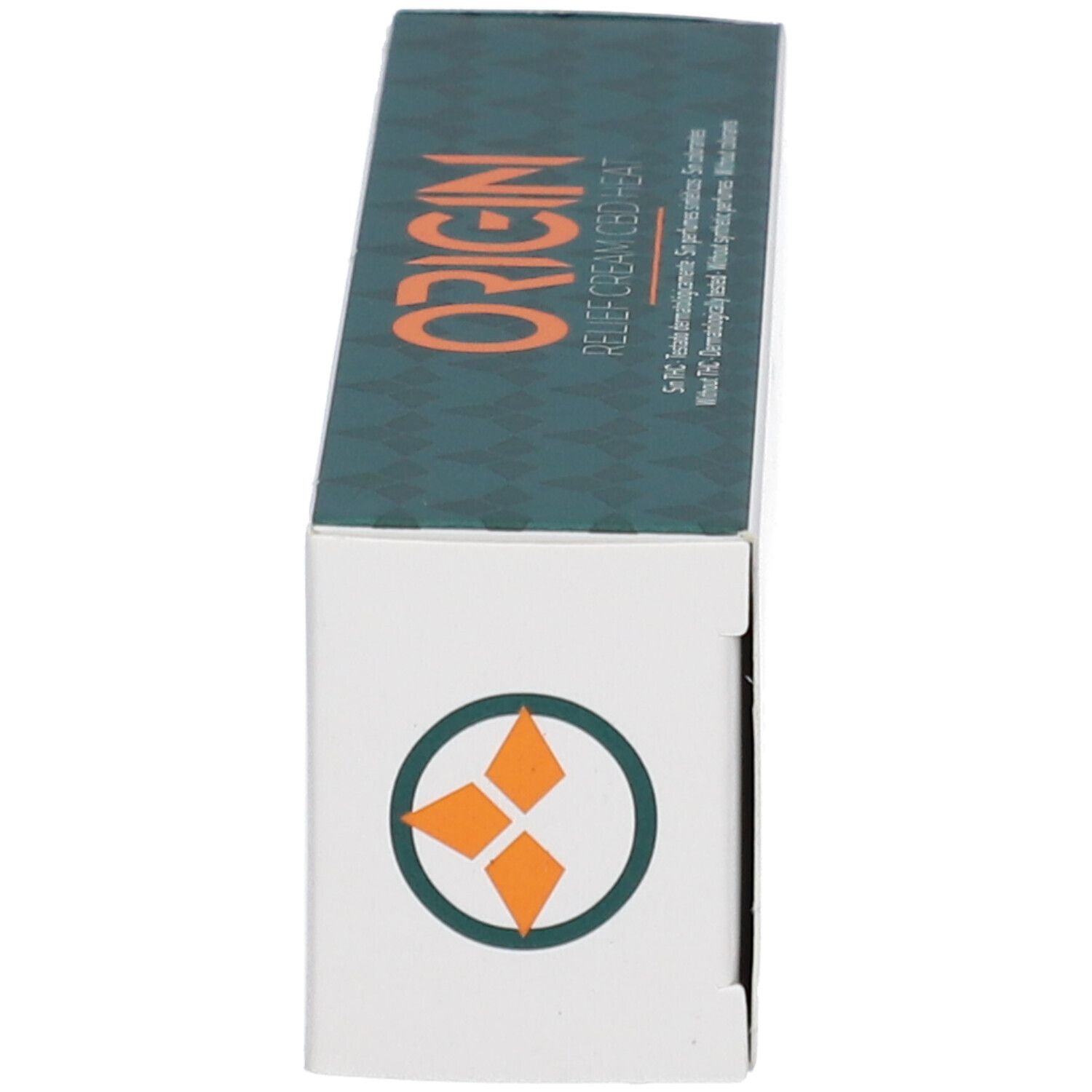 Boîte, vue latérale. Logo avec éléments orange. Emballage vert et blanc. Texte.