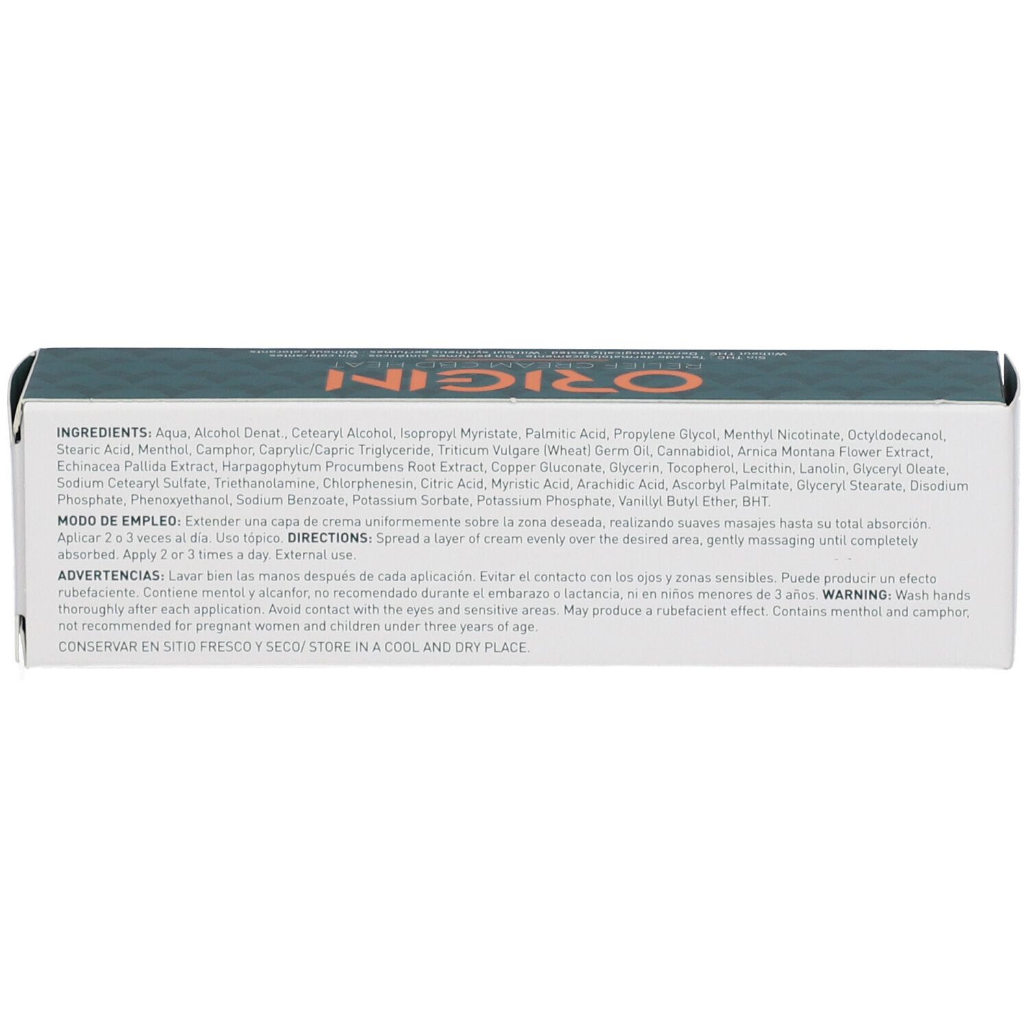 Boîte, dessus. Inscription: Ingrédients. Texte multilingue. Emballage vert et blanc.