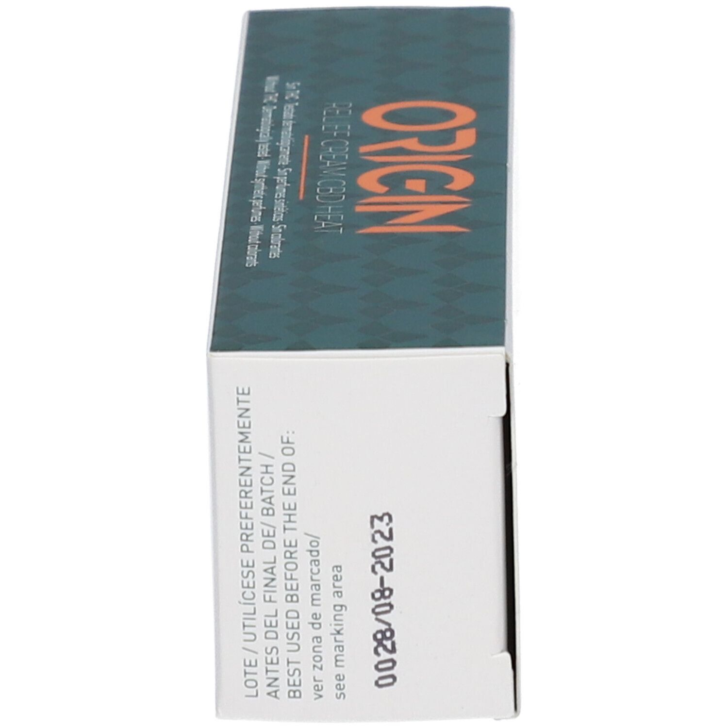 Boîte, vue latérale. Inscription: CBD Origin Relief Cream CBD Heat. Date de péremption. Emballage vert et blanc.