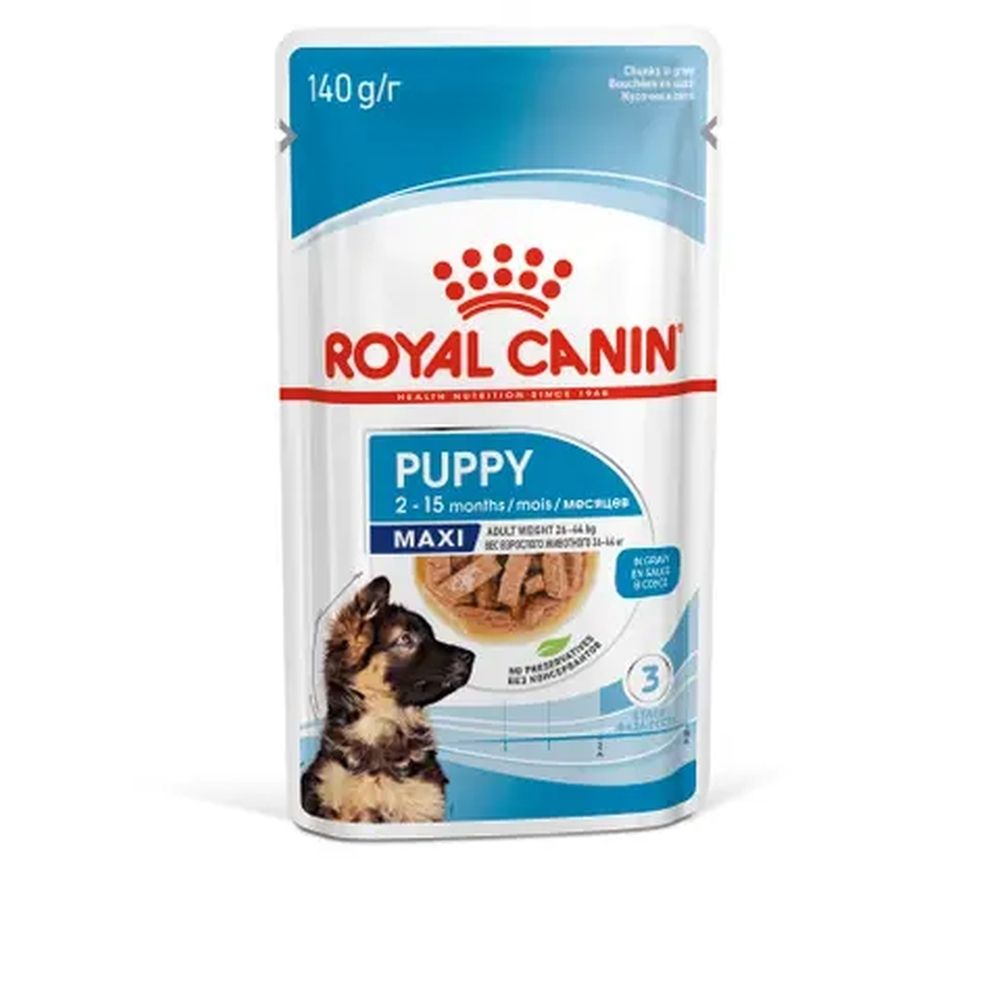 Royal Canin Maxi Puppy en Sauce, sachet 140g. Sachet individuel avec image de chiot et informations produit.