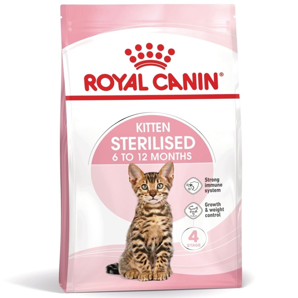 Sac de nourriture Royal Canin Kitten Sterilised avec chat et informations produit.
