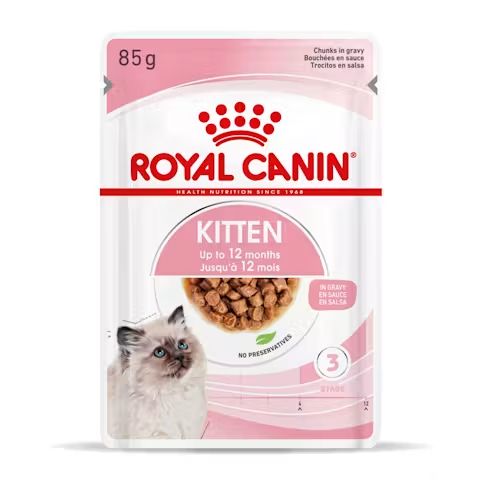 Sachet Royal Canin Kitten Gravy (85g) avec bouchées en sauce. Pour chatons jusqu'à 12 mois.