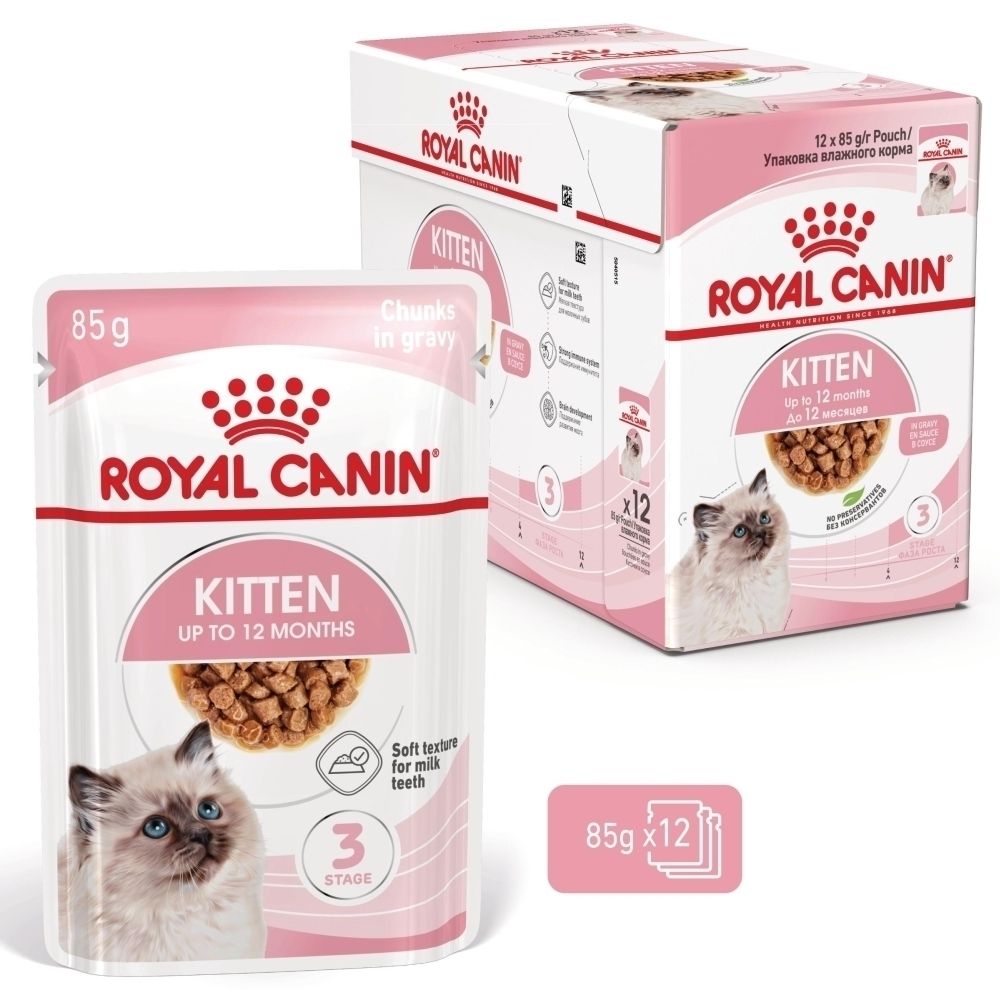Sachet et boîte de nourriture Royal Canin Kitten, 12x 85g, pour chatons jusqu'à 12 mois.