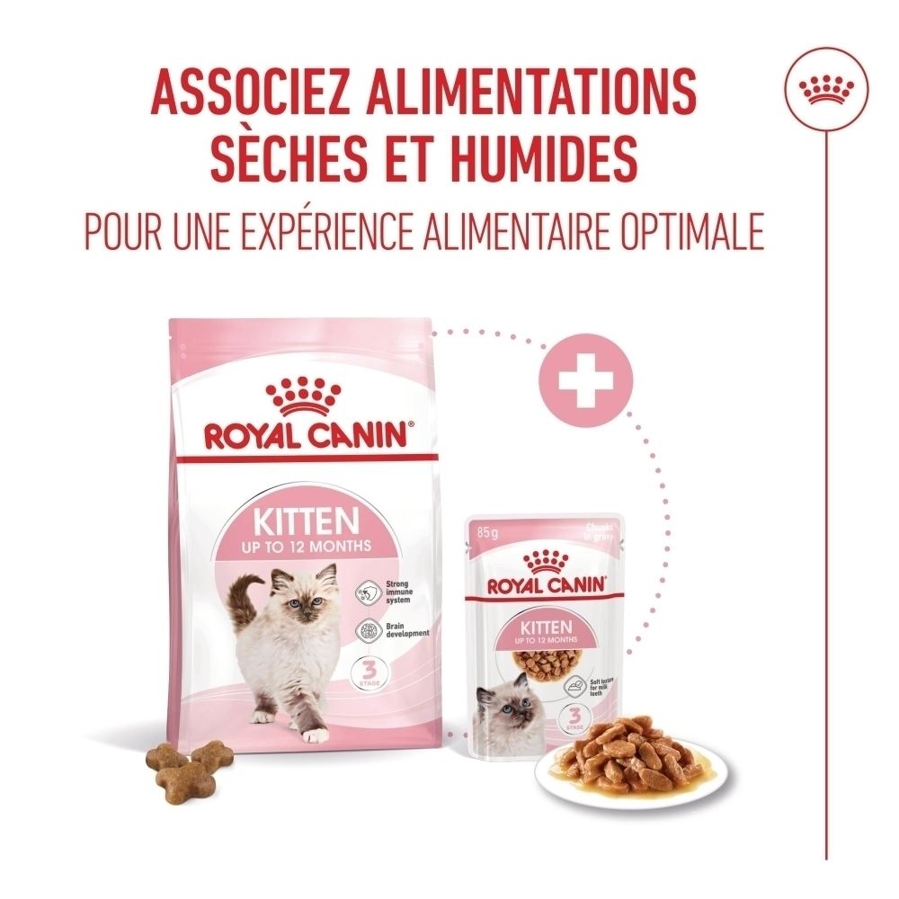 Aliments secs et humides Royal Canin Kitten pour chats jusqu'à 12 mois.