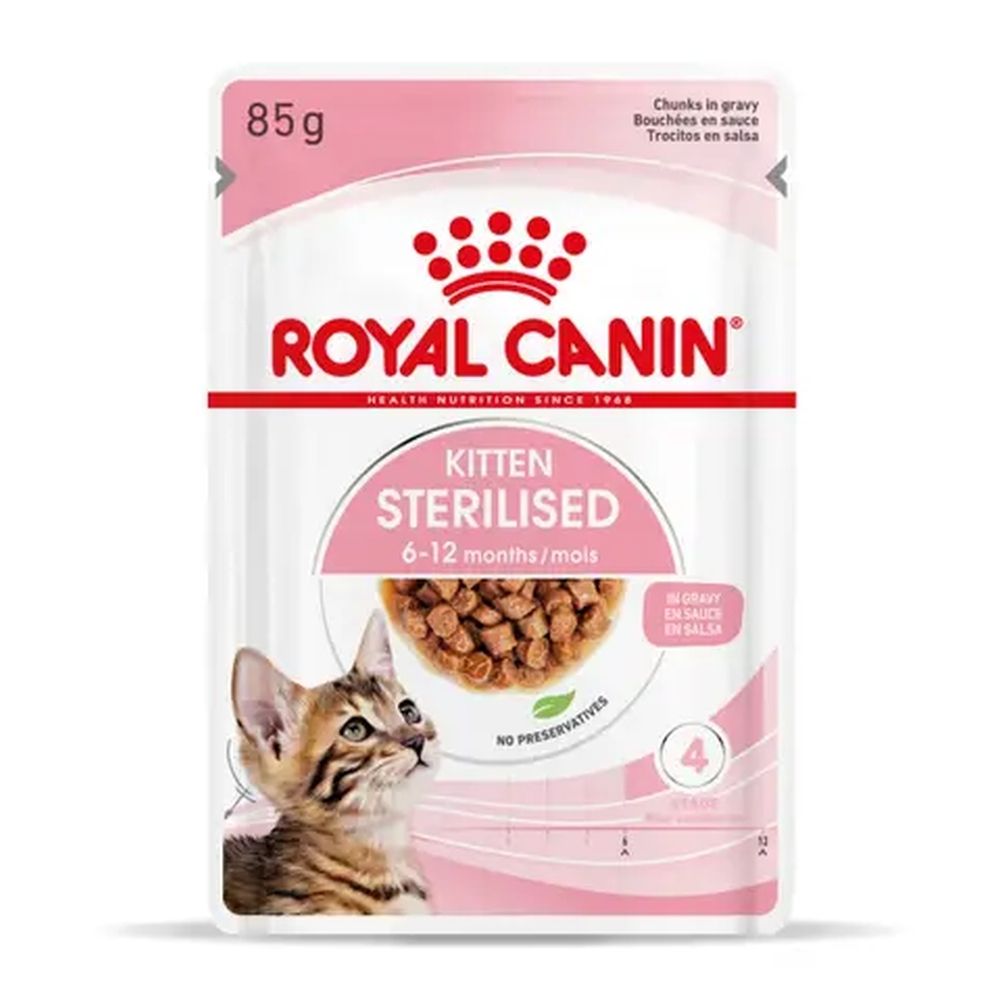Royal Canin Kitten Sterilised: Sachet de 85g de nourriture humide en sauce pour chatons.