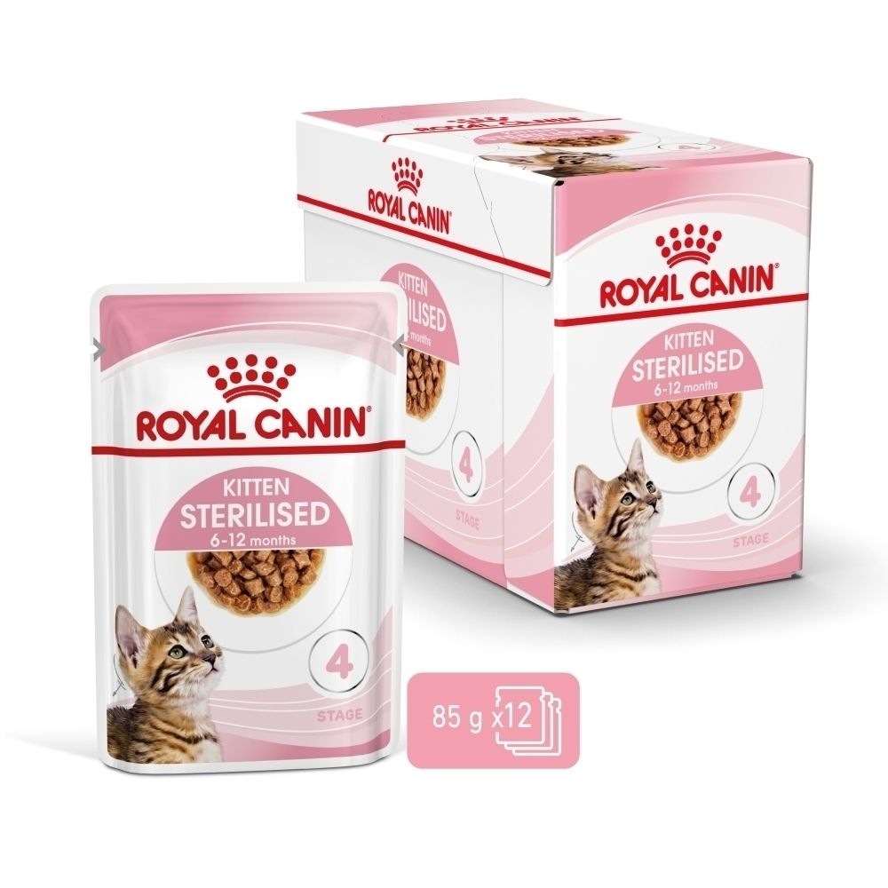 Nourriture Royal Canin Kitten Sterilised en barquette, 85g x12. Pour chatons de 6-12 mois.