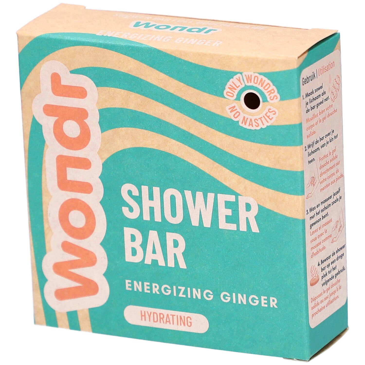 Emballage carton Wondr, Shower Bar, Energizing Ginger. Motif vagues. Inscription Only Wonders, No Nasties.