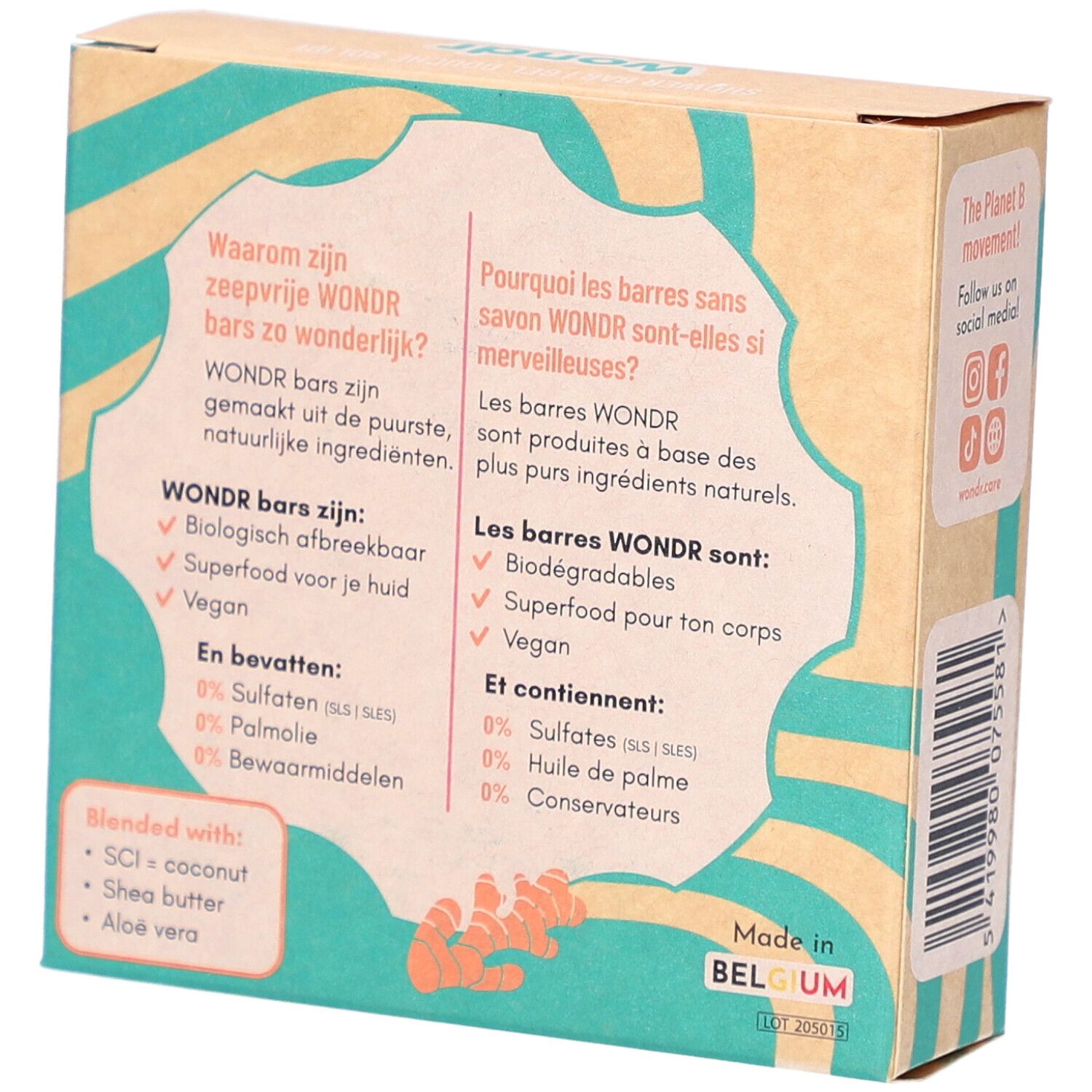 Verso de l'emballage carton. Texte en allemand et français. Ingrédients. Fabriqué en Belgique.