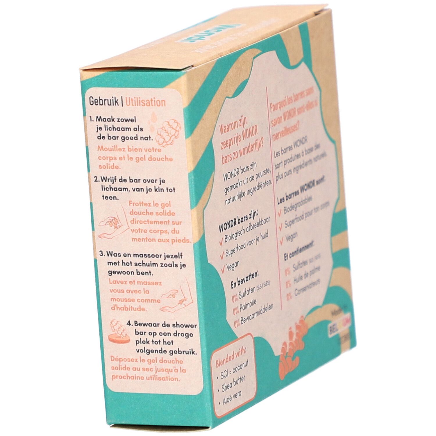 Emballage carton avec texte en allemand et français. Mode d'emploi. Fabriqué en Belgique.