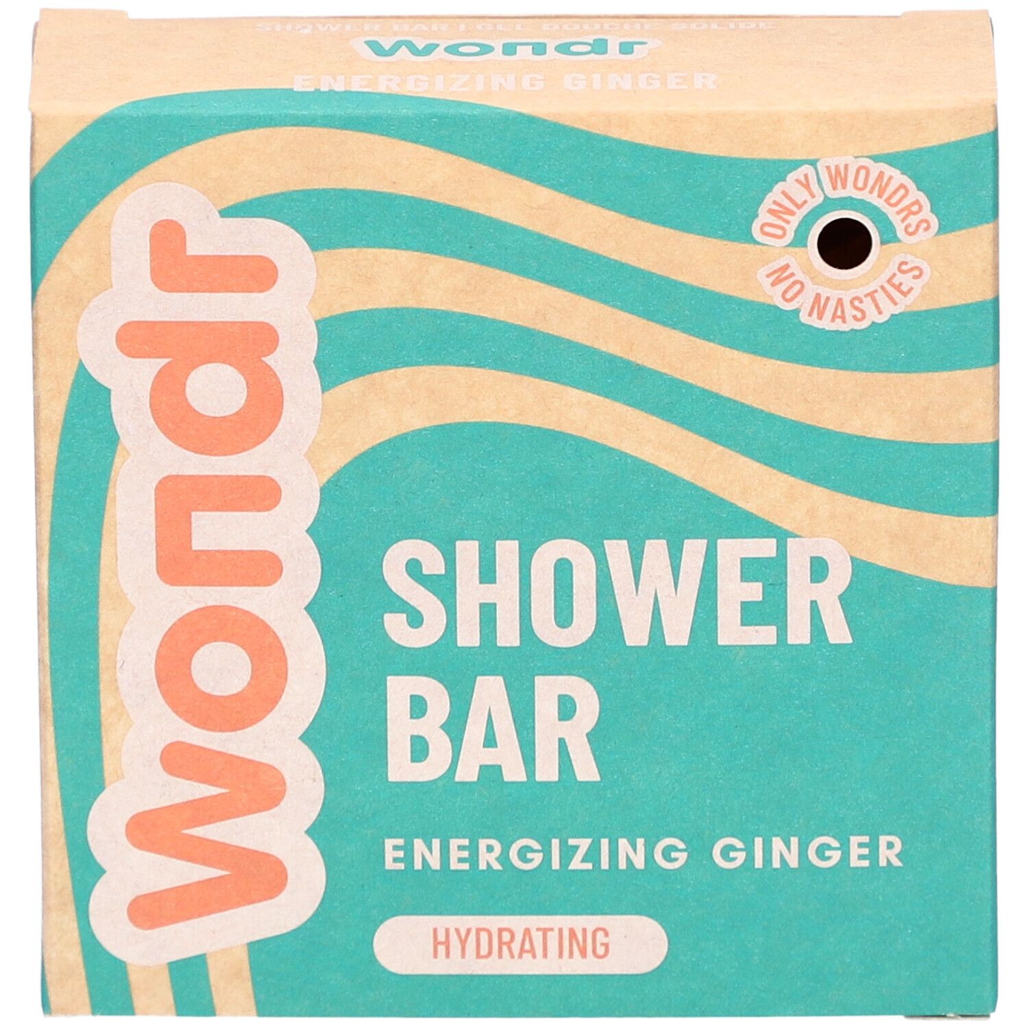 Emballage carton Wondr, Shower Bar, Energizing Ginger. Motif vagues. Inscription Only Wonders, No Nasties.