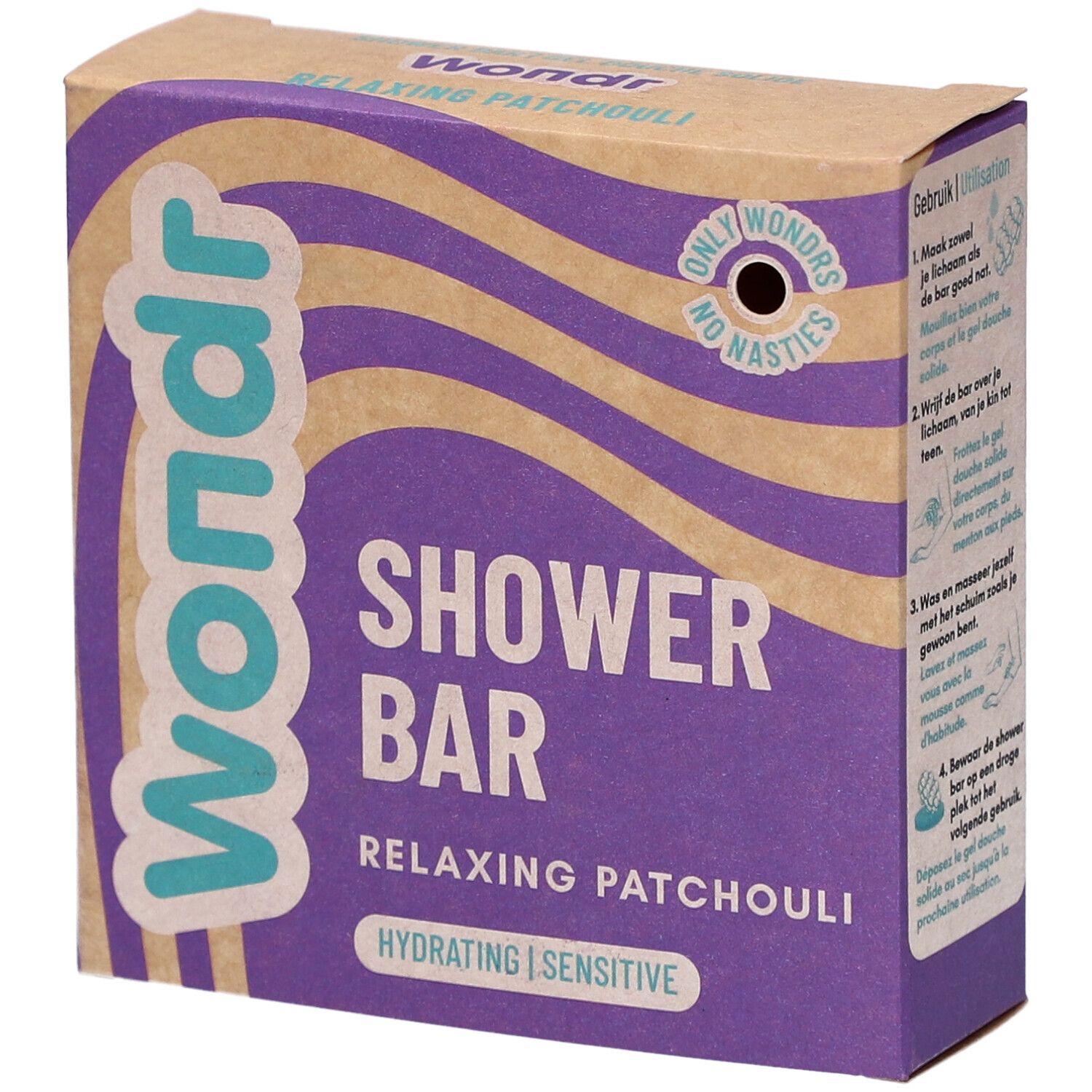 Emballage Wondr barre de douche. Motif vagues violet et beige. Texte: Shower Bar, Relaxing Patchouli, Hydrating | Sensitive.