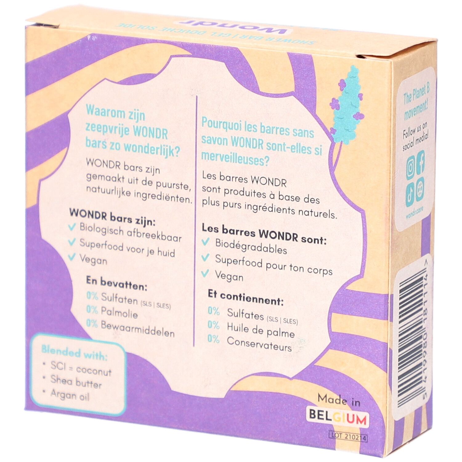 Dos de l'emballage Wondr barre de douche. Texte en néerlandais et français. Fabriqué en Belgique. Ingrédients.
