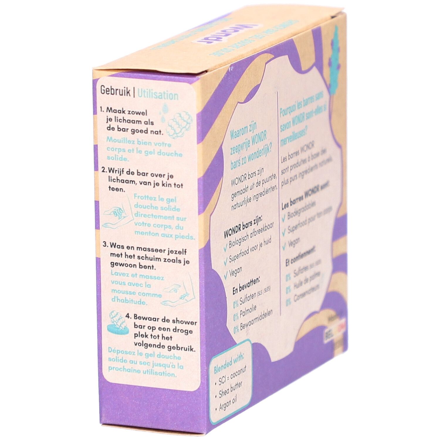 Vue latérale de l'emballage Wondr barre de douche avec instructions en néerlandais et français.