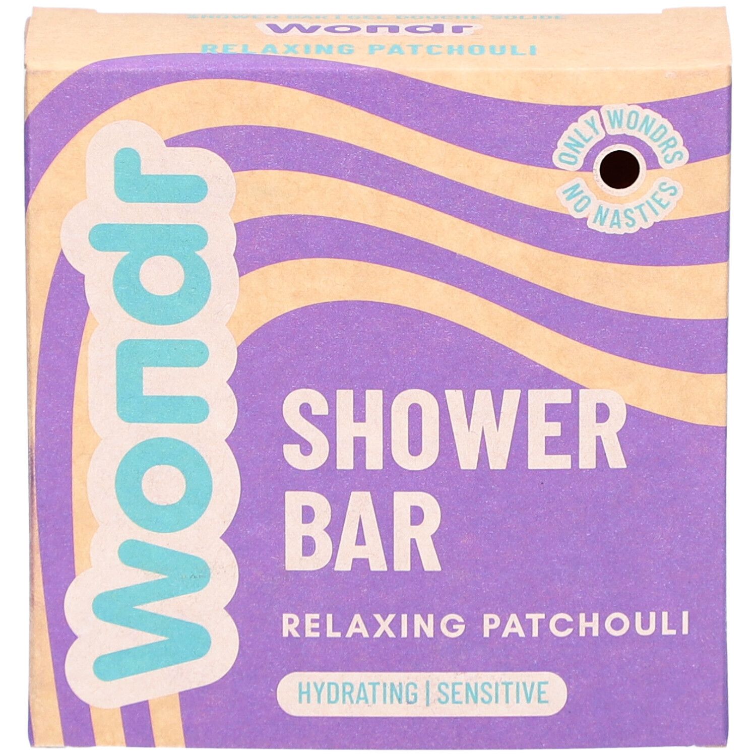 Emballage Wondr barre de douche. Motif vagues violet et beige. Texte: Shower Bar, Relaxing Patchouli, Hydrating | Sensitive.