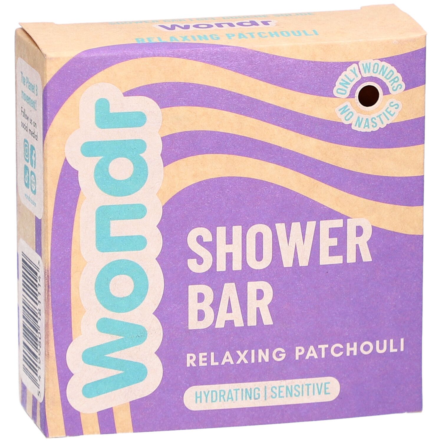 Emballage Wondr barre de douche. Motif vagues violet et beige. Texte: Shower Bar, Relaxing Patchouli, Hydrating | Sensitive.