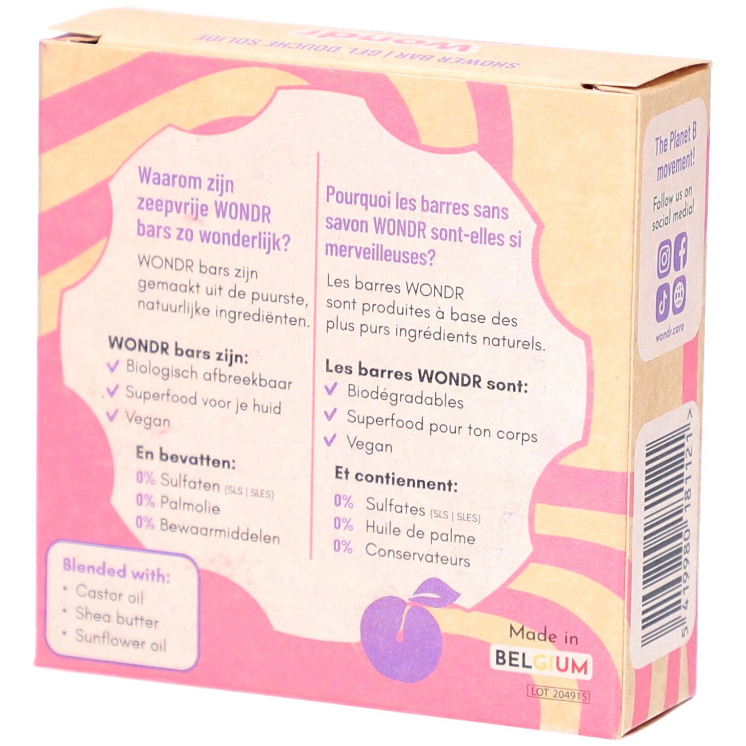 Dos de l'emballage de la barre de douche Wondr. Texte en néerlandais et en français. Illustration d'une prune. Fabriqué en Belgique.