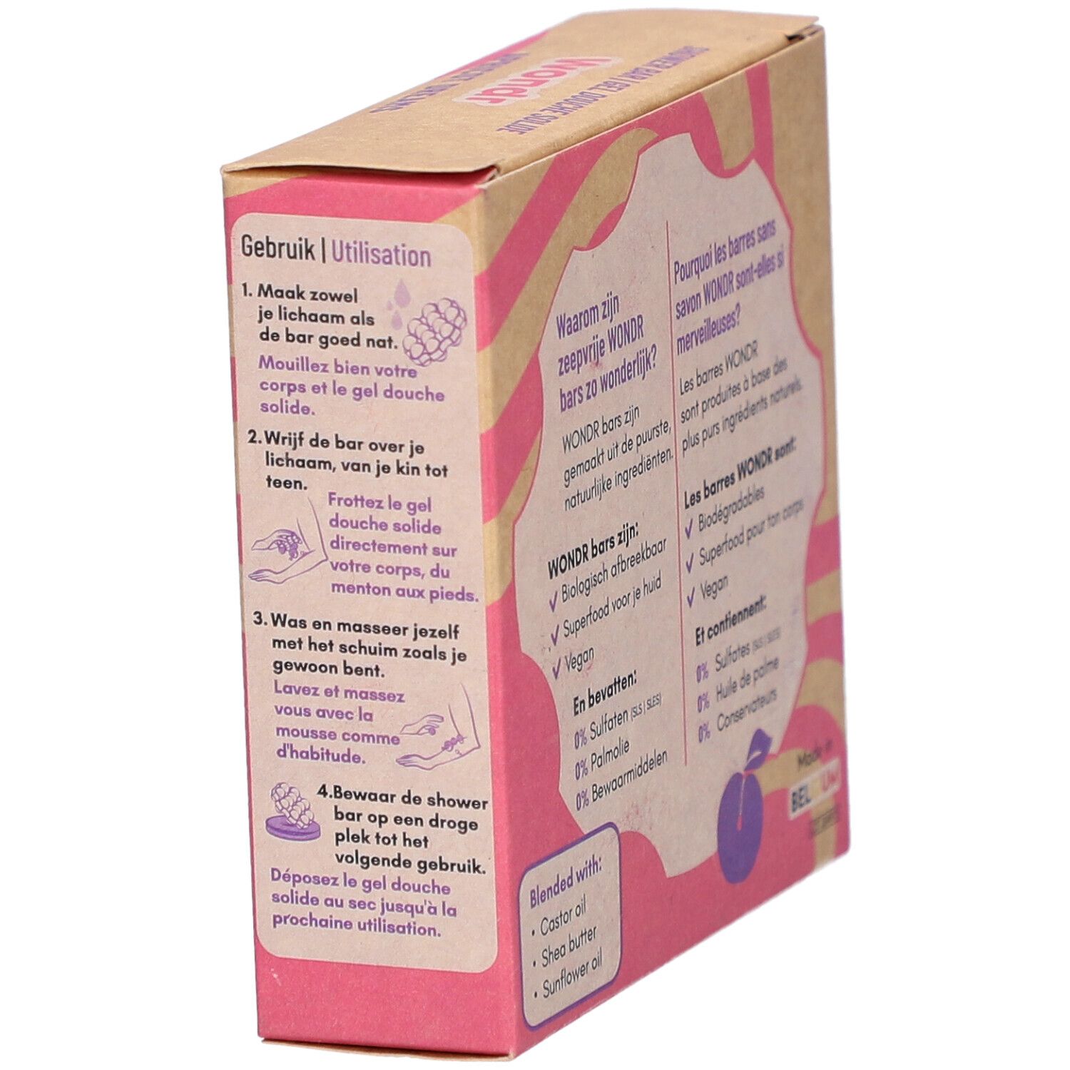 Emballage de la barre de douche Wondr. Côté avec instructions d'utilisation en néerlandais et en français. Fabriqué en Belgique.