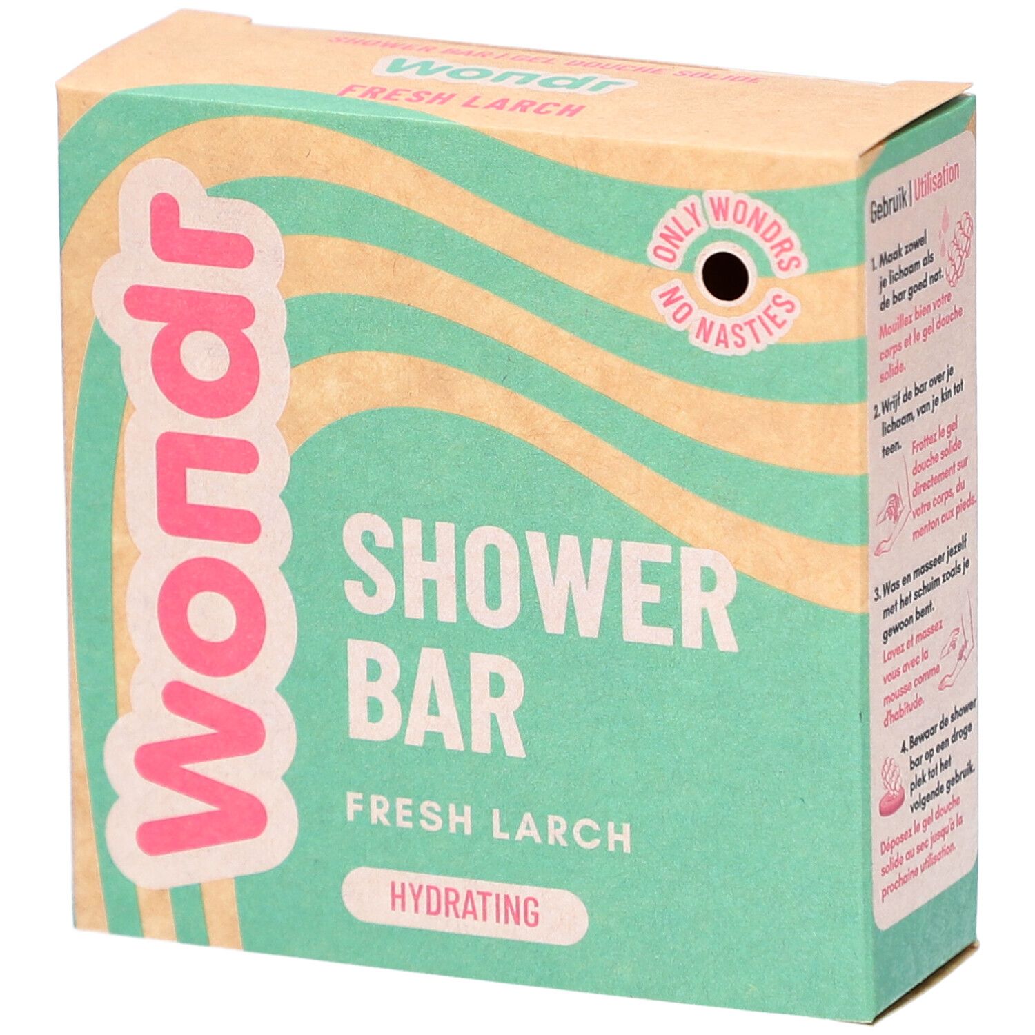 Emballage Wondr Shower Bar. Motif vagues vert-beige, texte rose. Shower Bar, Fresh Larch, Hydrating. Only Wondrs, No Nasties.