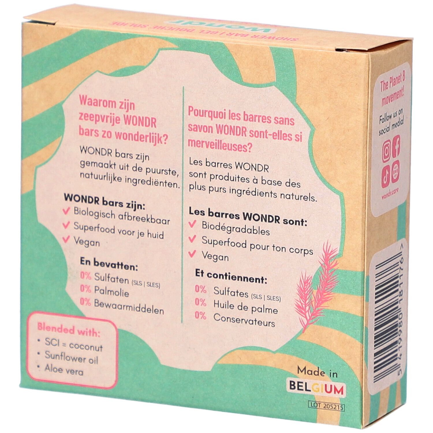 Dos de l'emballage Wondr Shower Bar. Motif vagues vert-beige. Texte: Pourquoi les barres Wondr sont merveilleuses ? Fabriqué en Belgique.