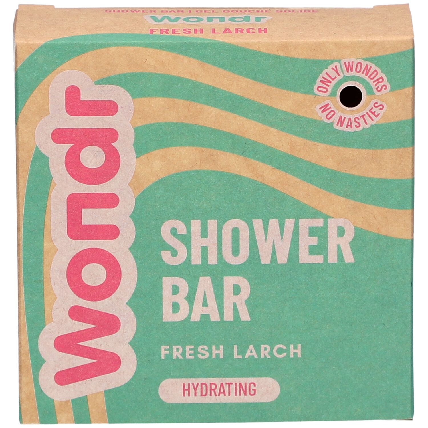 Emballage Wondr Shower Bar. Motif vagues vert-beige, texte rose. Shower Bar, Fresh Larch, Hydrating. Only Wondrs, No Nasties.