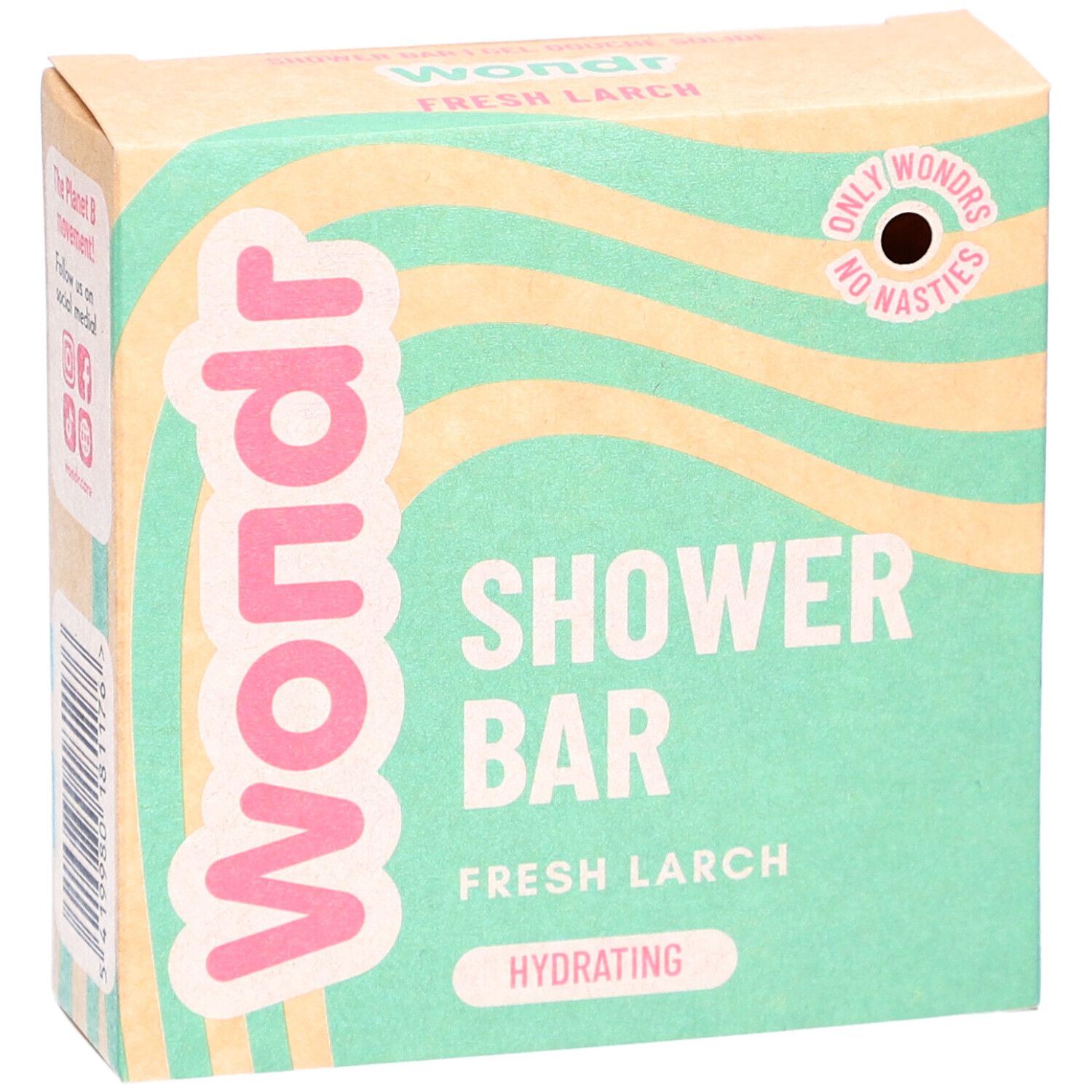 Vue oblique de l'emballage Wondr Shower Bar. Motif vagues vert-beige, texte rose. Shower Bar, Fresh Larch, Hydrating. Only Wondrs, No Nasties.
