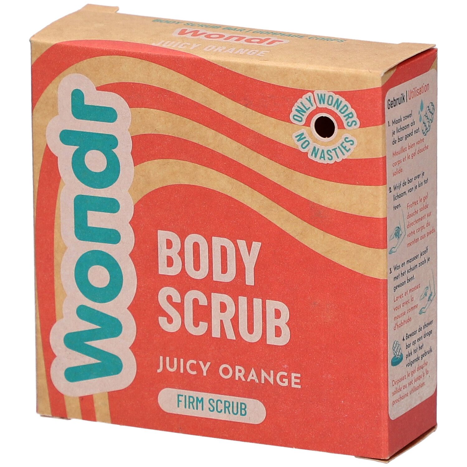Boîte en carton Wondr Body Scrub Juicy Orange. Fond orange, texte blanc. Informations produit et logo.