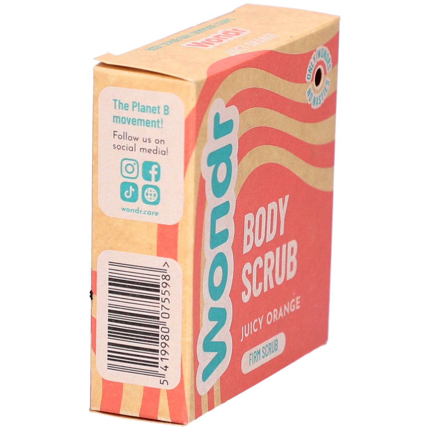 Vue latérale de la boîte Wondr Body Scrub Juicy Orange. Code-barres et informations sur les réseaux sociaux.